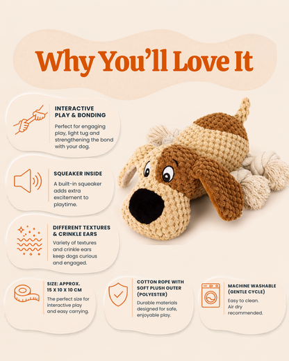 Busy Dog Box Busy Buddy plush rope dog toy with squeaker, crinkle ears and interactive enrichment features.