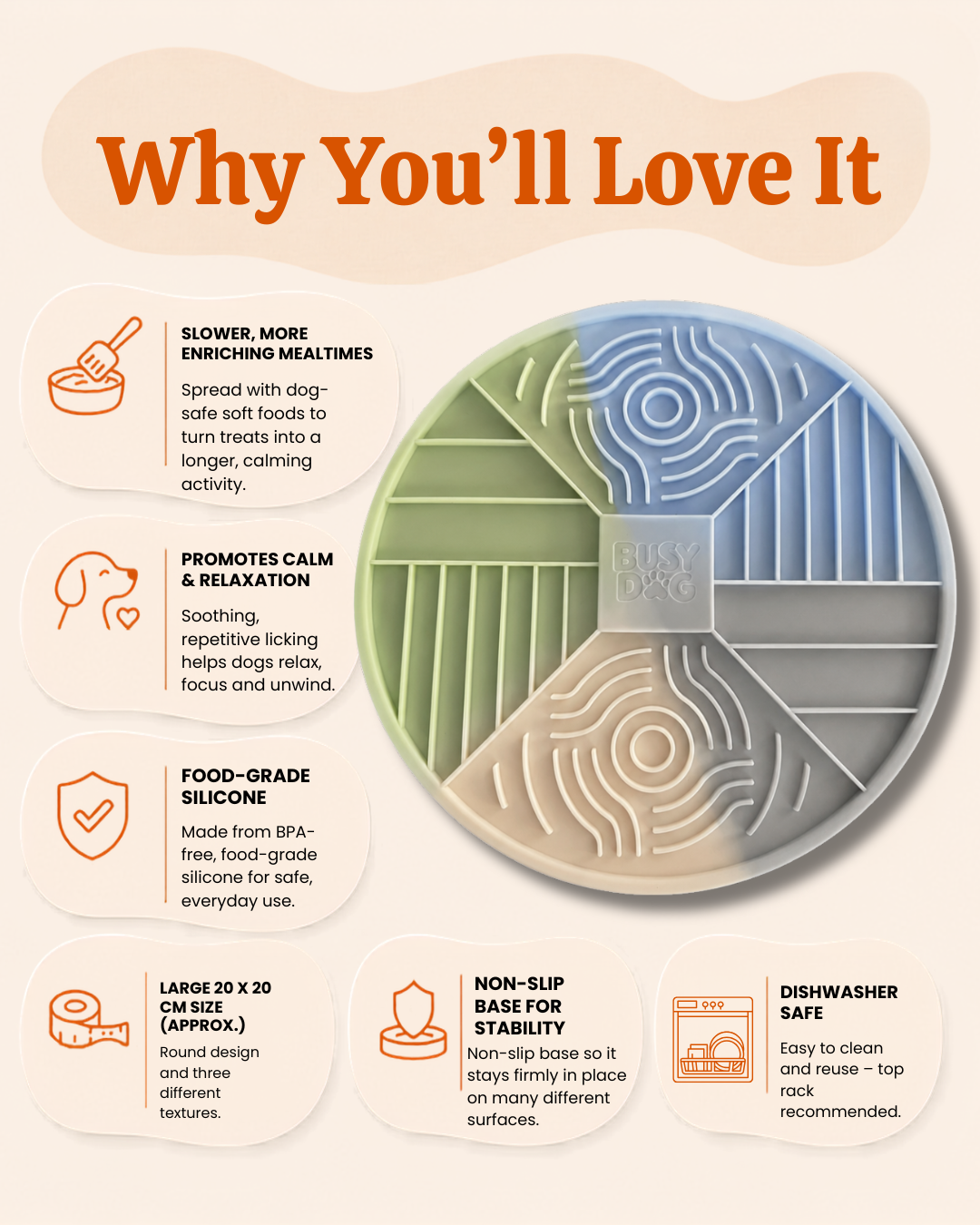 An infographic titled 'Why You'll Love It' showing a round silicone dog training mat with a multi-colored design. The mat features concentric rings and maze-like patterns in shades of blue, green, and beige.