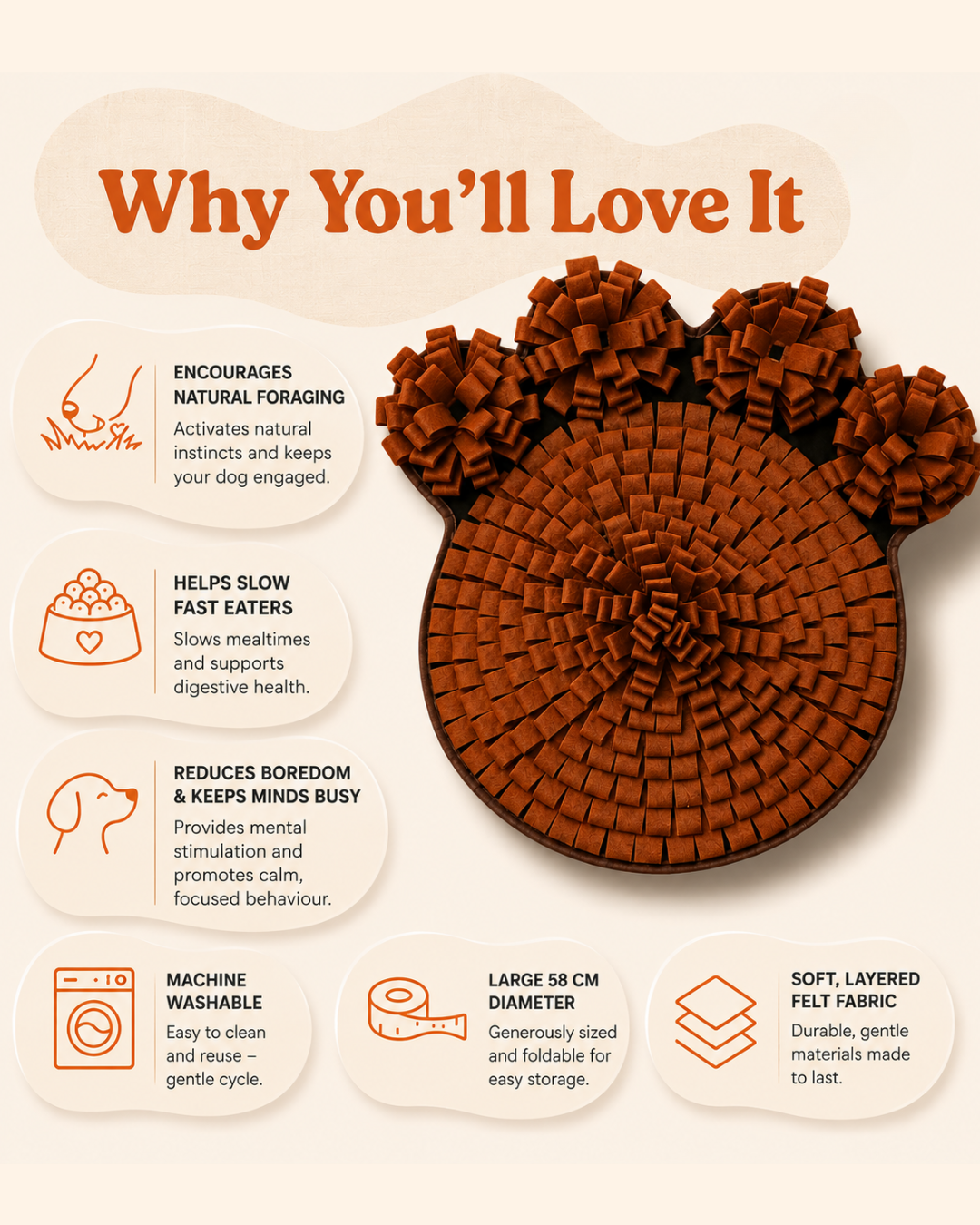 An informational graphic with the headline 'Why You'll Love It' and several callout bubbles around a brown chew-shaped dog toy. The text highlights benefits such as encouraging natural foraging, helping slow fast eaters, reducing boredom, being machine washable, and being large and soft layered.